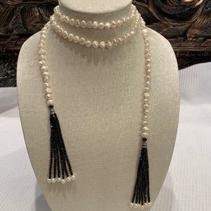 Fresh Water Pearl Lariat necklace with Black Crystal tassels